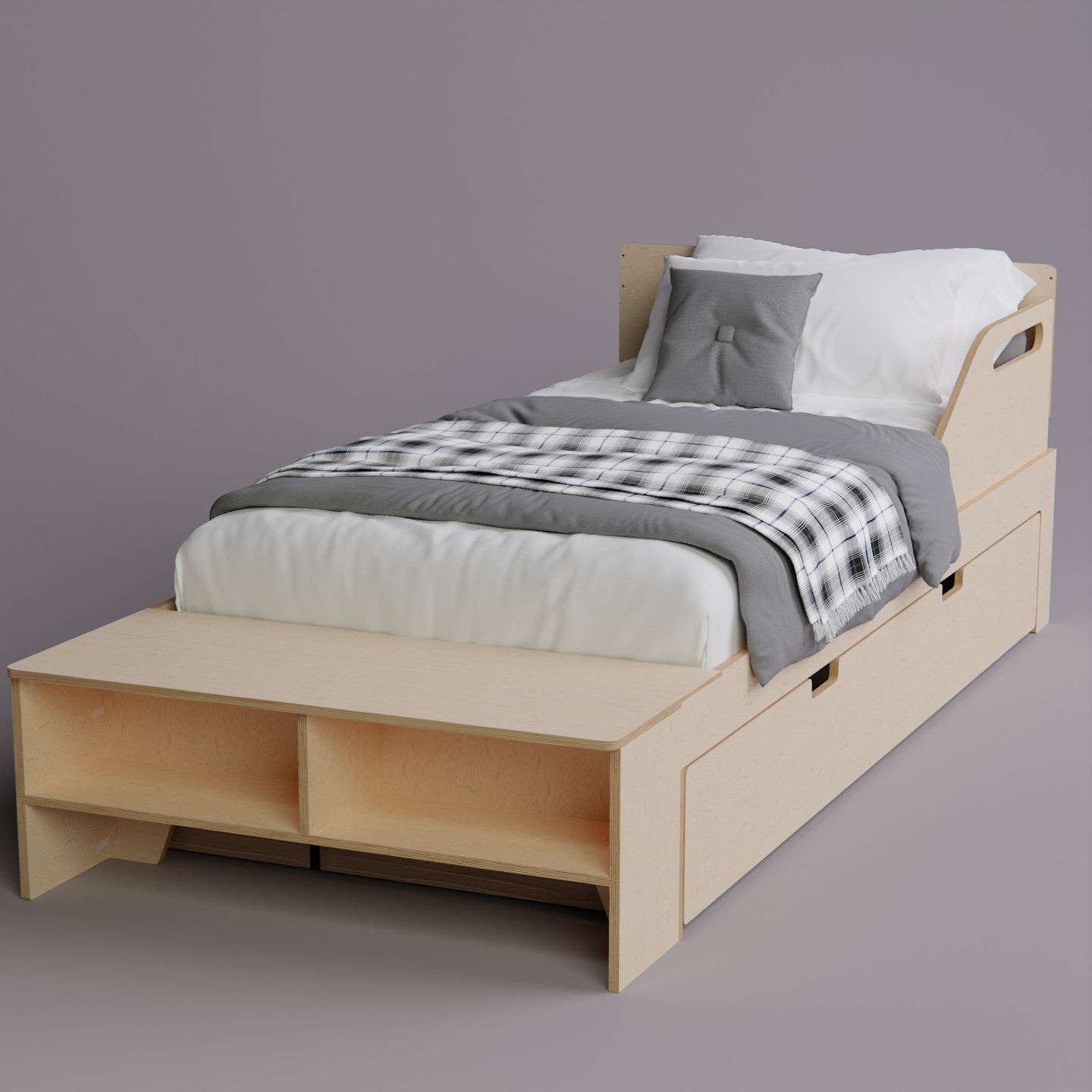 Natural birch bed frame with high guardrails and a convenient under-bed trundle for guests or kids