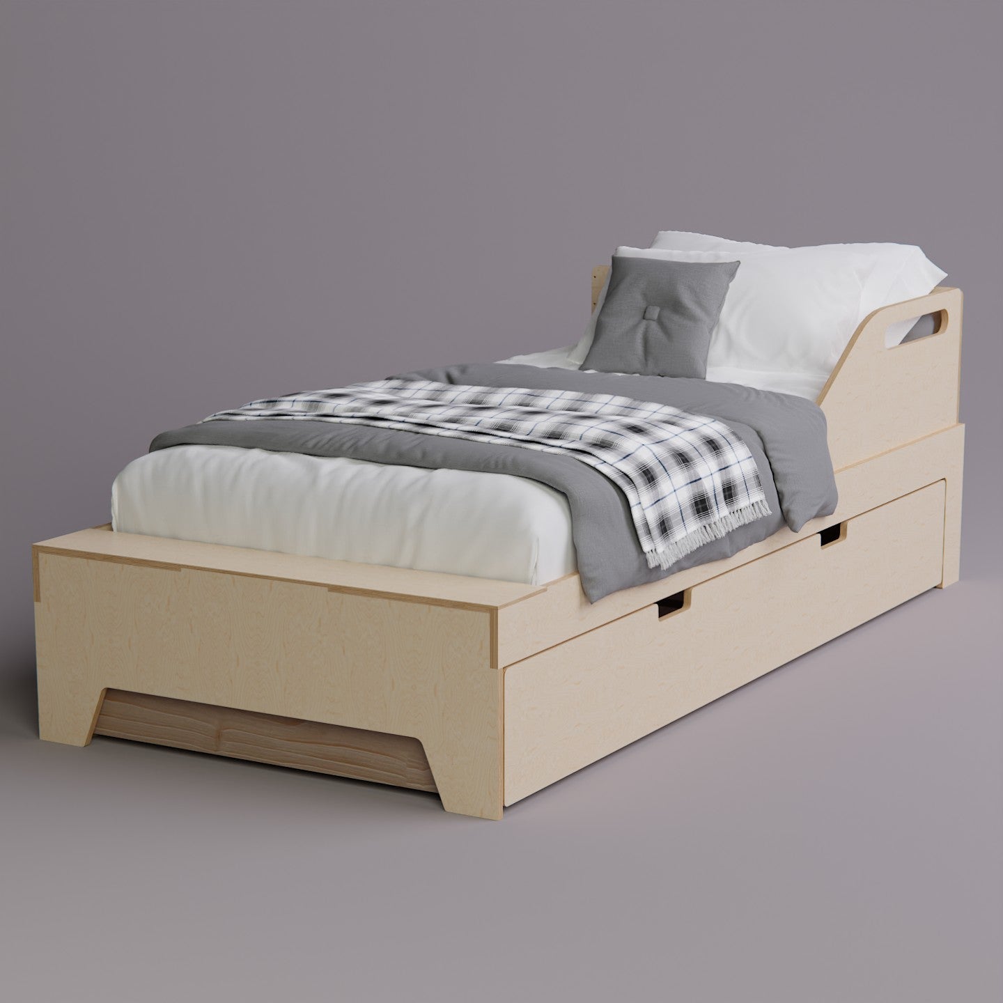 Multifunctional bed frame with a trundle and customizable options to fit any bedroom layout