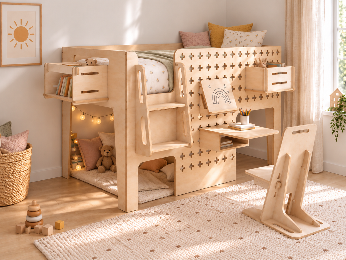 Birch Ply Low Loft Bed "Rabbit Nook" with Study Set