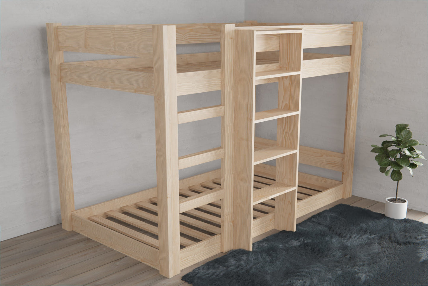 Bunk bed with flexible shelf placement, allowing for personalised organisation