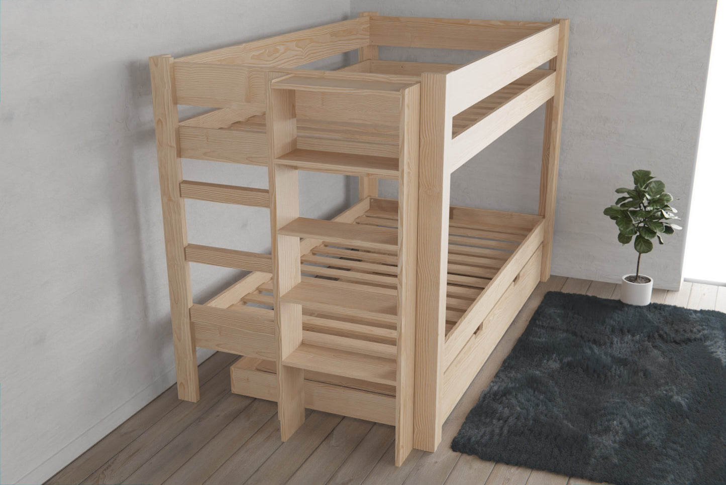 Functional wooden bunk bed with customisable shelves for a tidy and clutter-free space