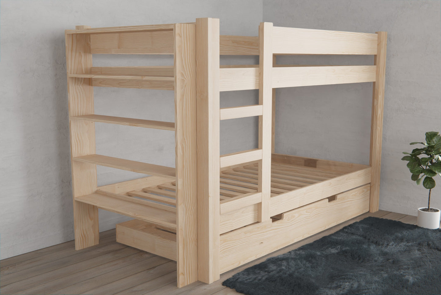 Solid NZ Pine bunk bed featuring multiple shelves for added convenience and storage