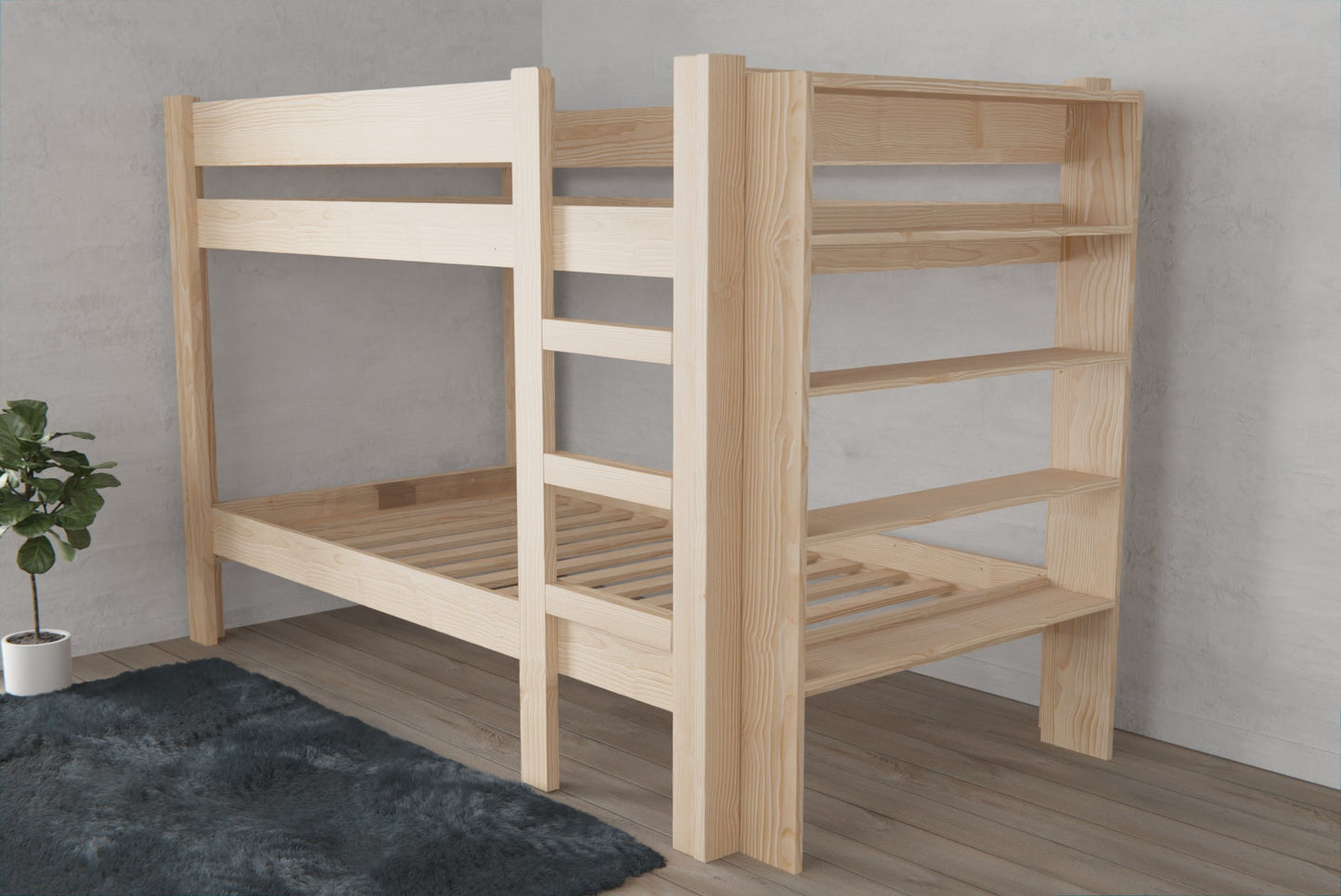 Eco-friendly NZ Pine bunk bed with integrated shelving for practical and stylish storage