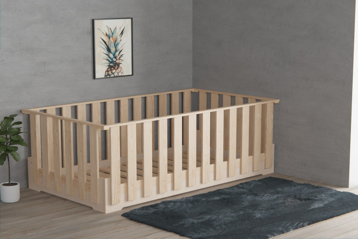 Montessori floor bed frame with high rails. Perfect for toddlers.