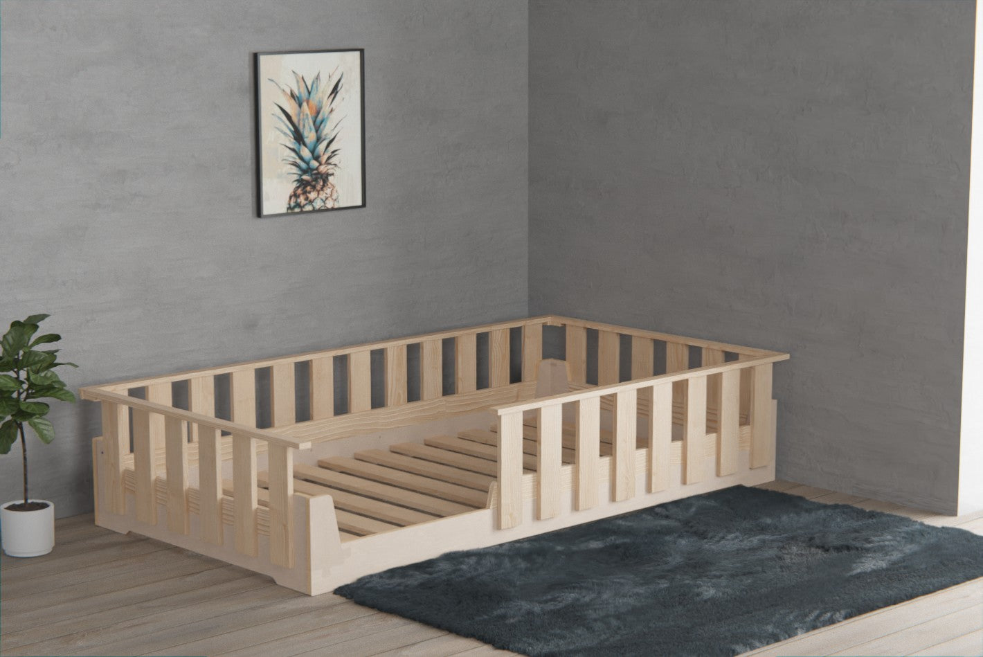 Montessori floor bed frame with low rails. Great for young kids.