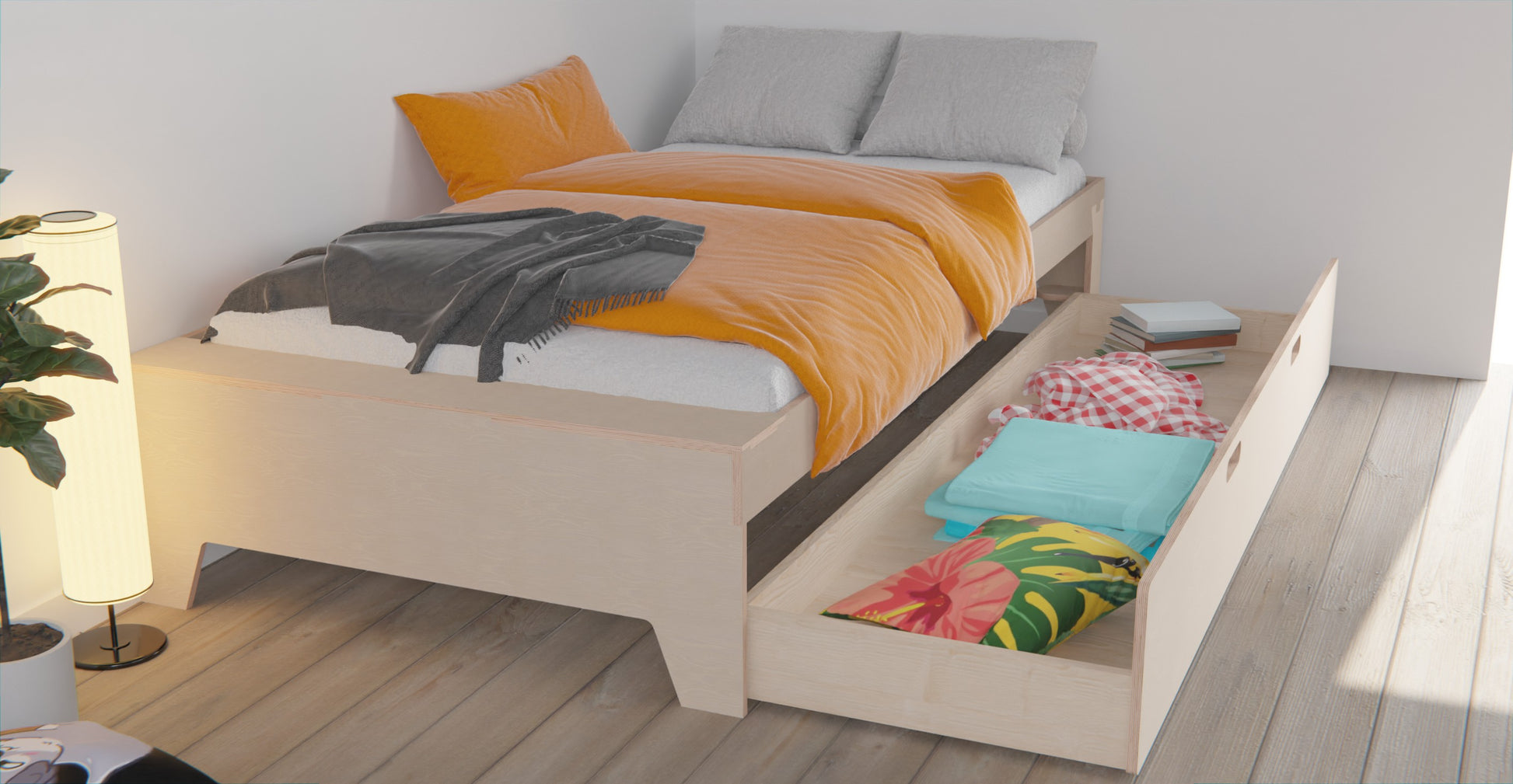 Experience the ultimate combination of style and functionality with our ply bed frame. Designed for kids, it features a storage drawer and customisable guardrails.