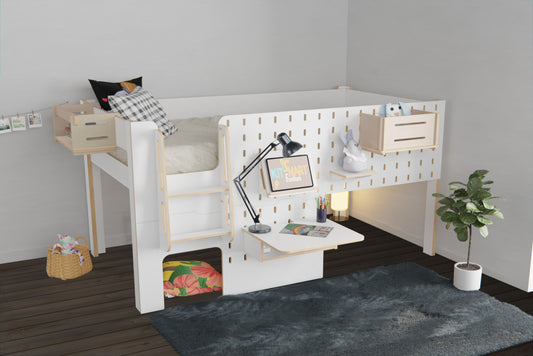 Low loft bed with a magical play nook and adjustable pegboard for customised learning and play