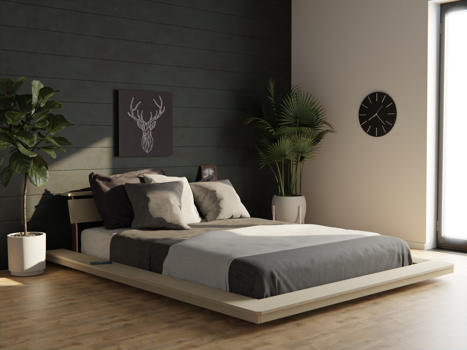 Solid wood low-profile bed with a floating look — cosy, stylish and suited to any bed size