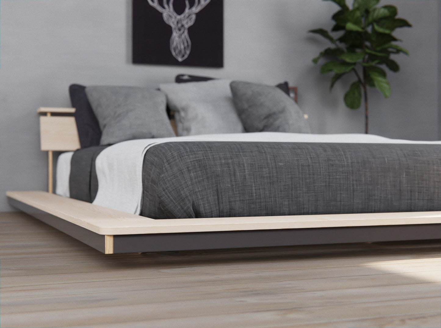 Solid wood low floated bed frame.