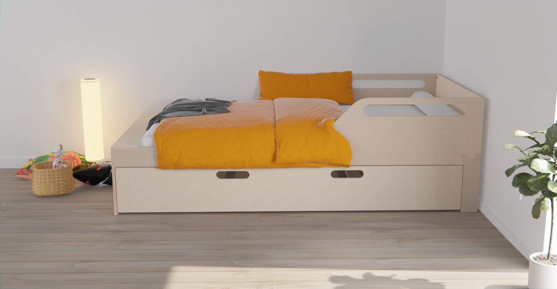 Sleek design meets practicality - wooden bed frame with trundle bed and built-in shelf. Organise your bedroom in style.