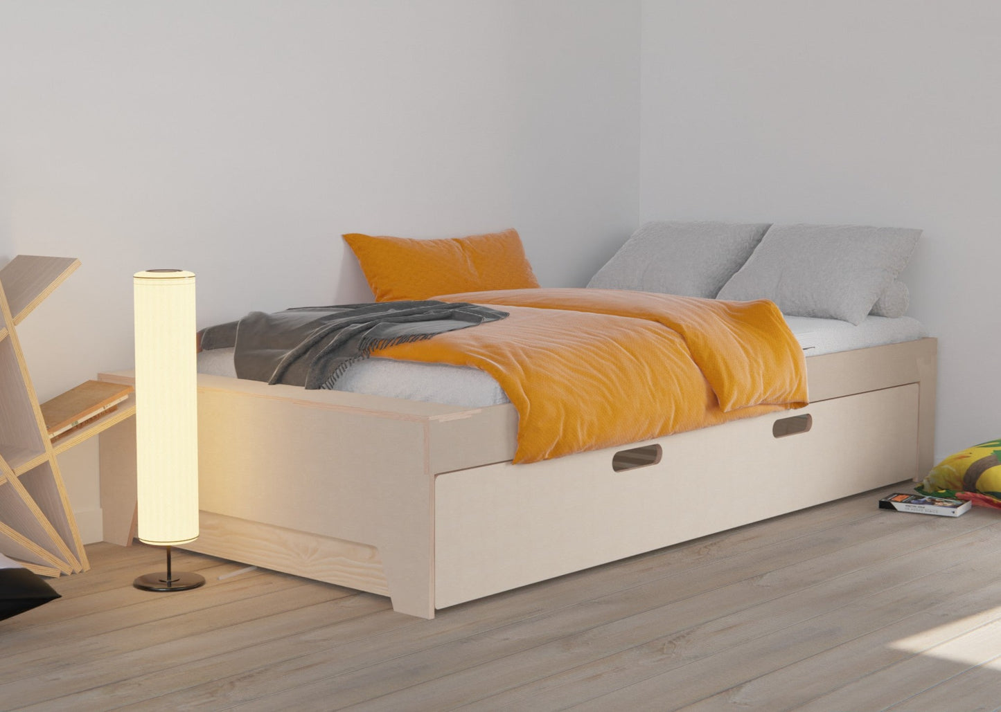 Versatile wooden bed frame with trundle bed, ideal for a cozy and functional bedroom. A space-saving solution you'll love.