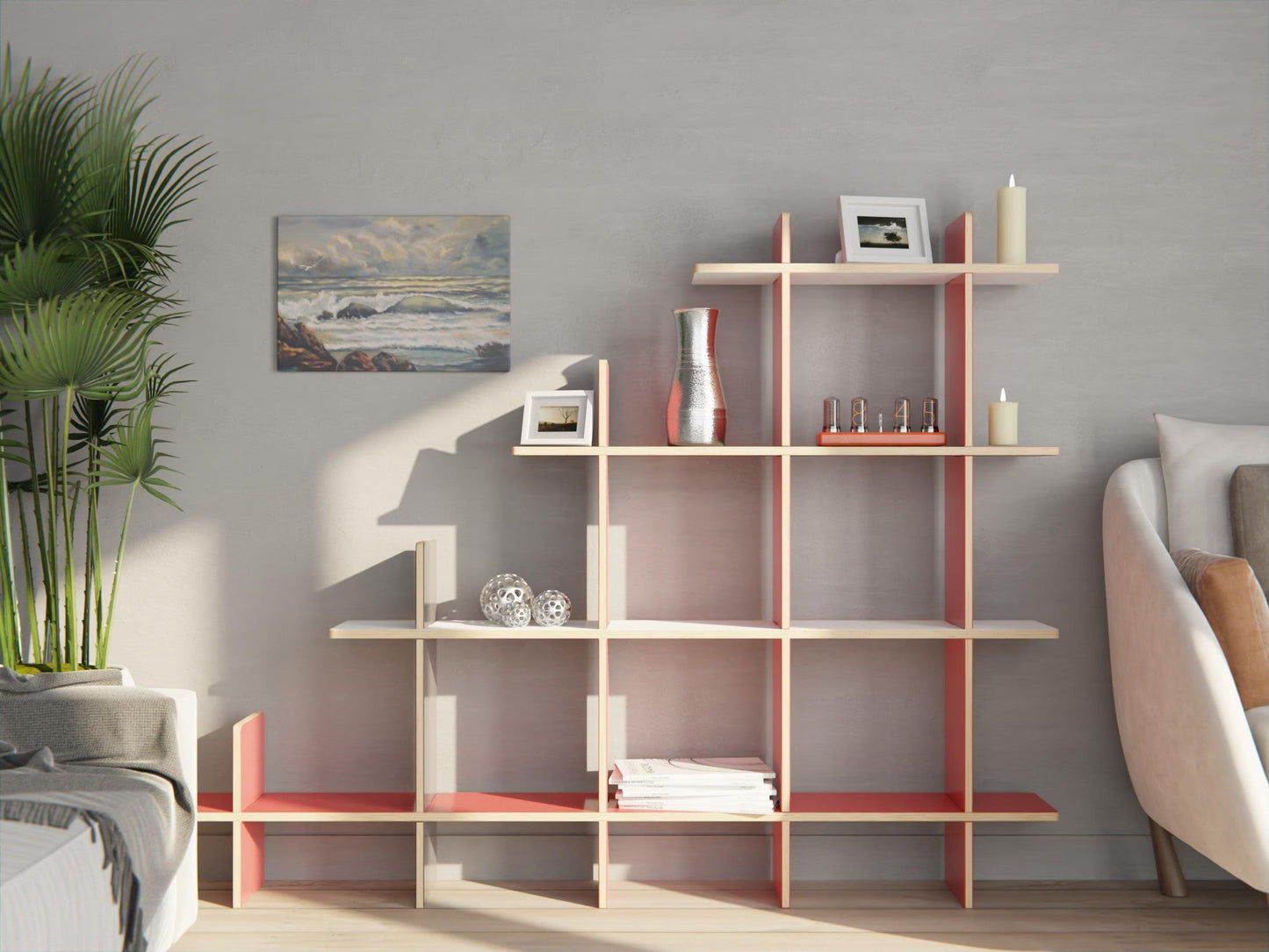 Modular birch plywood shelf system with open design — customisable layout for books, decor or storage essentials