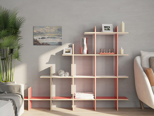 Modular birch plywood shelf system with open design — customisable layout for books, decor or storage essentials