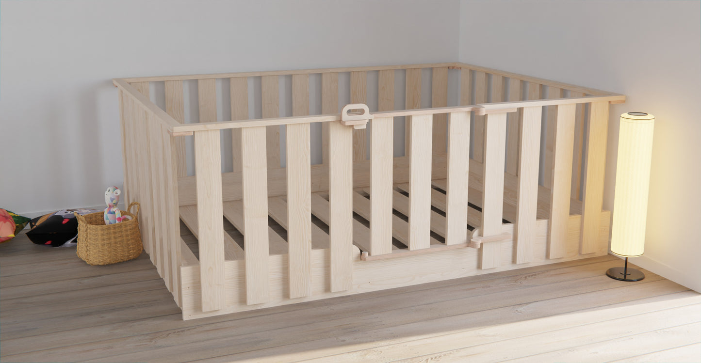 Low-profile Montessori bed with protective rails, ensuring a secure sleep and play area for young children