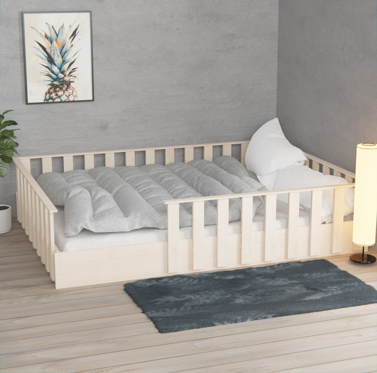 Transform your child’s sleep space with our Montessori floor bed. High rails, easy access, and customizable for growth, ensuring safety and comfort from day one.