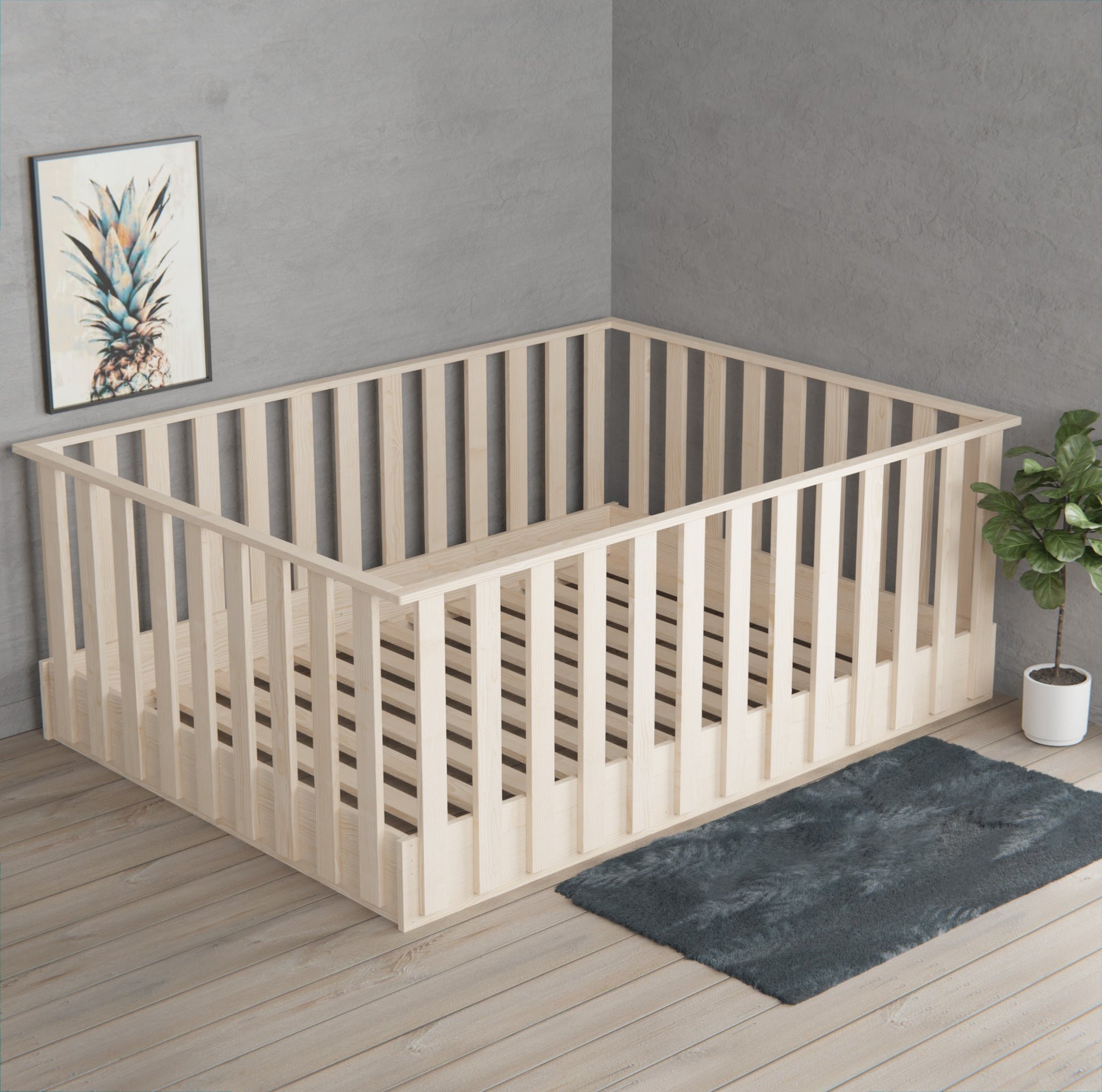 Montessori-inspired floor bed with removable high rails. Safe, adaptable, and perfect for any age. Transform it as your child grows.