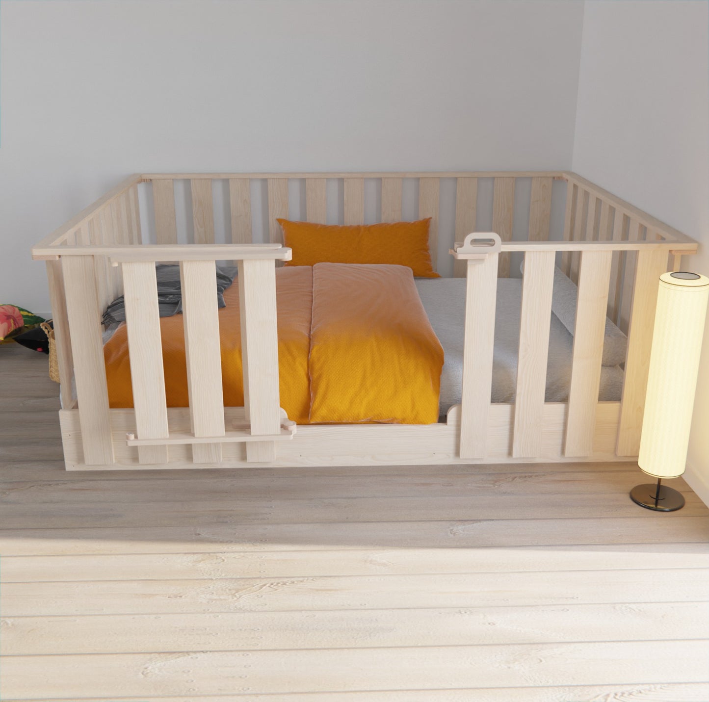Montessori floor bed frame with high removable rails