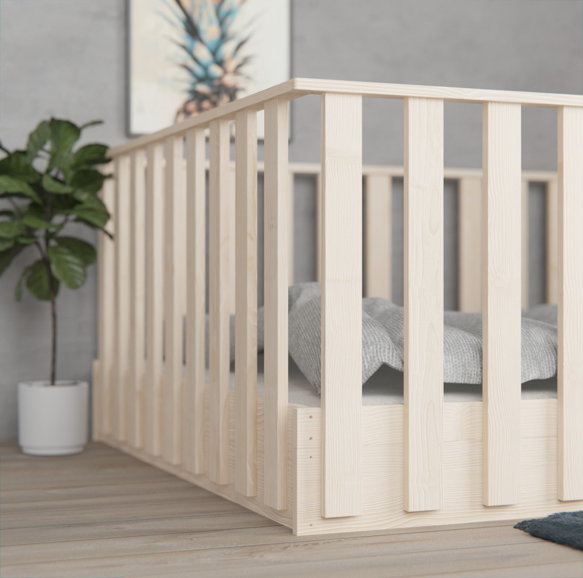 Versatile Montessori floor crib with removable high rails. Safe and secure for newborns, adaptable for toddlers. Customisable to grow with your child.