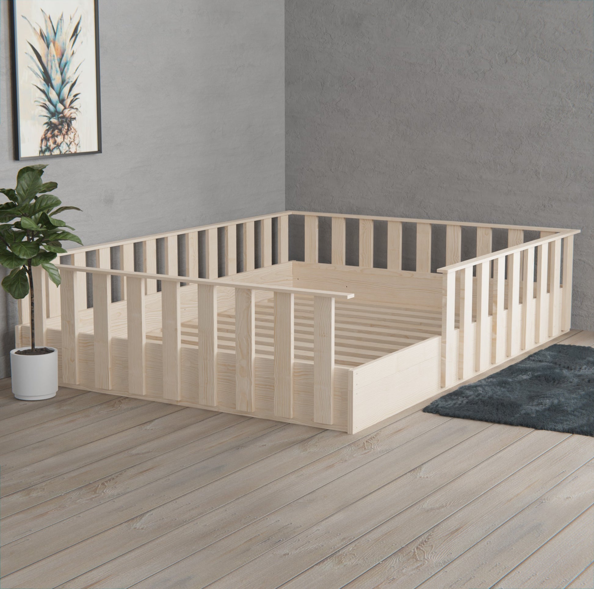 Our Montessori floor crib offers safety and adaptability for your child. Removable high rails and a secure play area. Perfect for every stage of growth!