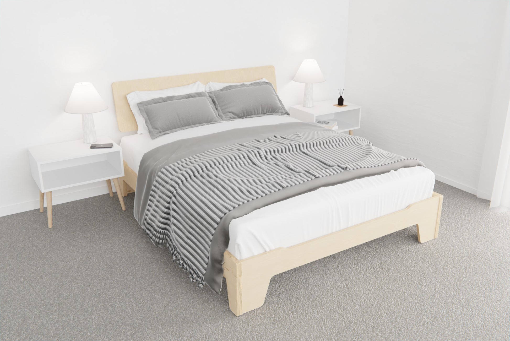 NZ-made birch plywood bed with tall headboard