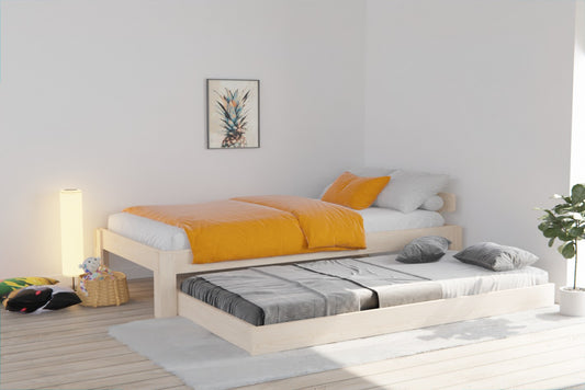 Discover the perfect space-saving solution with our wooden bed frame with trundle. Made from 100% NZ Pine, it's budget-friendly and eco-friendly.