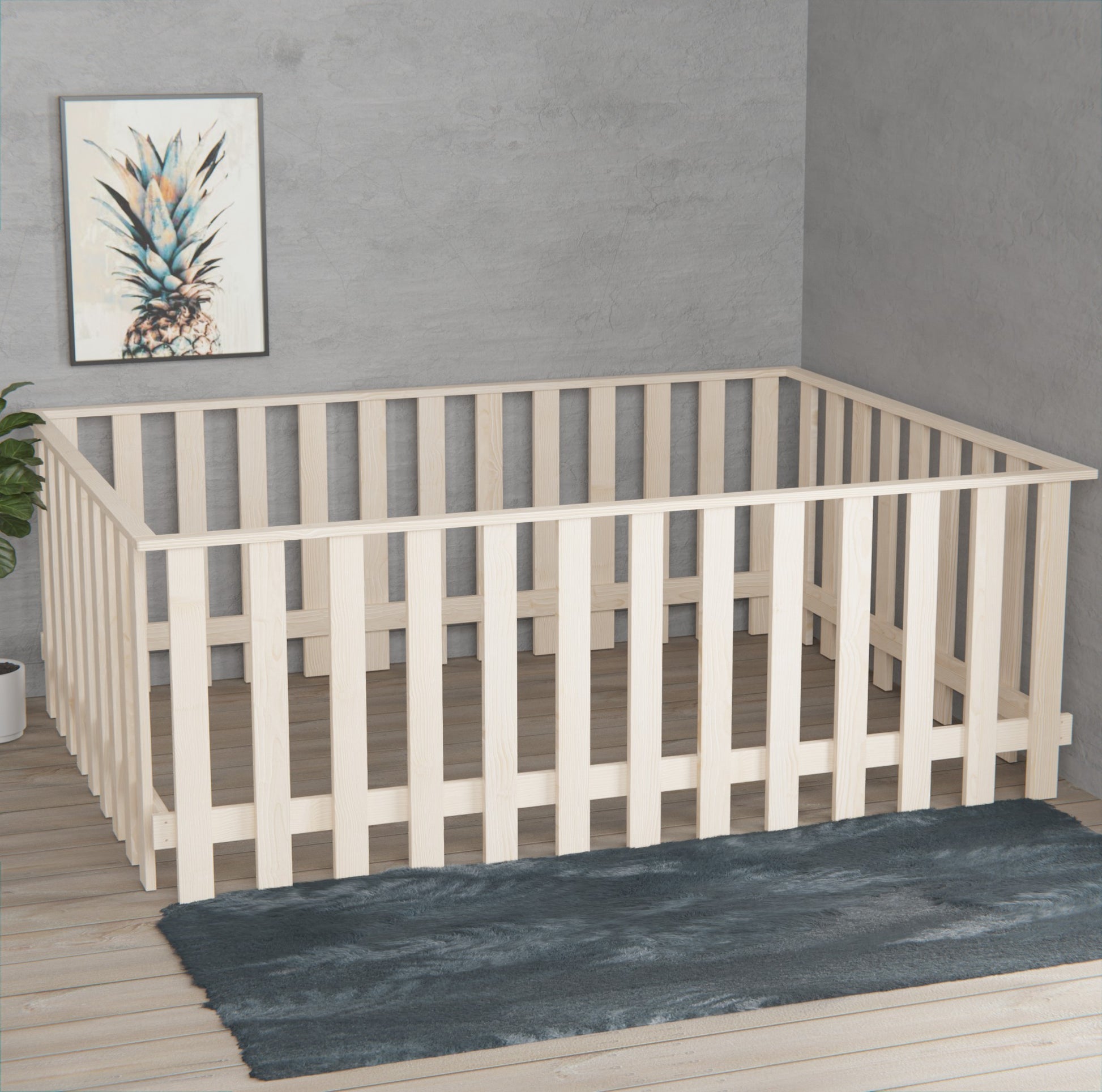 Explore our Montessori floor bed with high rails. Safe, customizable, and perfect for all ages. Transform it as your child grows. Secure and adaptable!