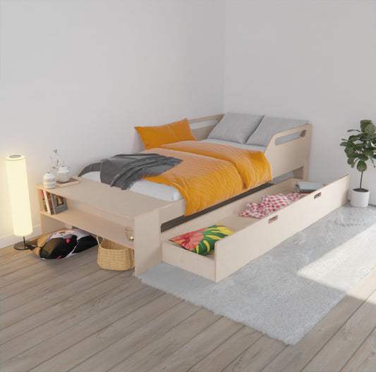 Discover the perfect floor bed frame with storage drawer for kids and adults. Low profile and multiple guardrail options for safety and convenience.