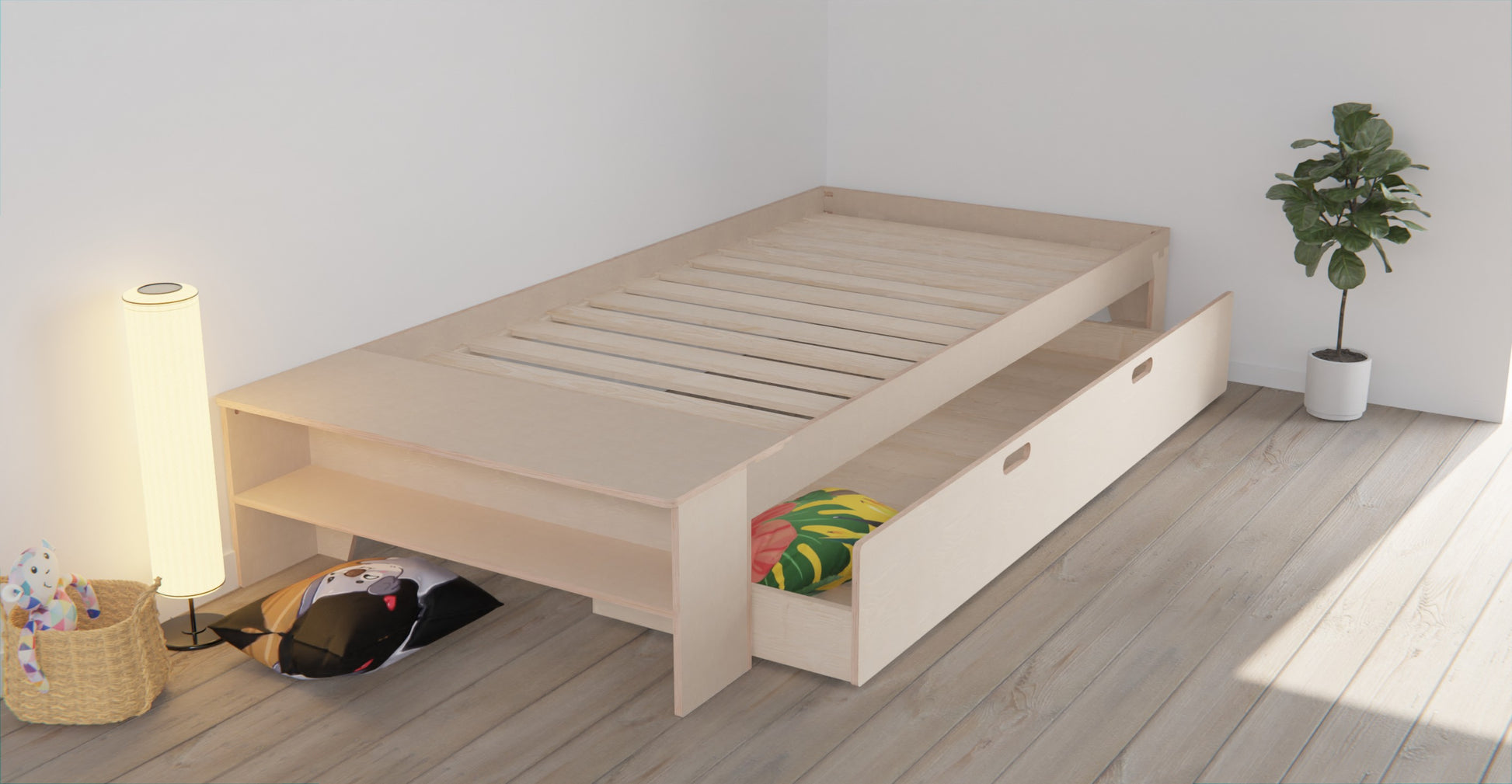 Upgrade your kids bedroom with our versatile plywood floor bed. Low profile, storage drawer, and a range of guardrail options for a comfortable night's sleep.