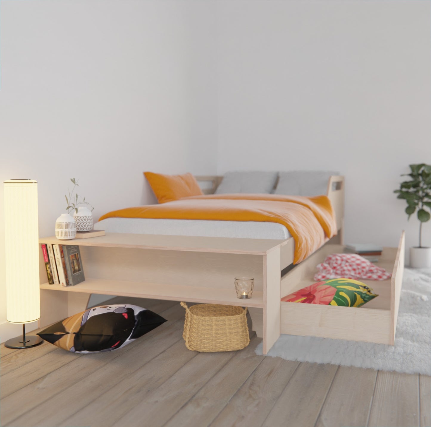 Create a cozy sleeping space with our space-saving bed frame. Perfect for kids and adults, it offers a drawer and various guardrail choices.