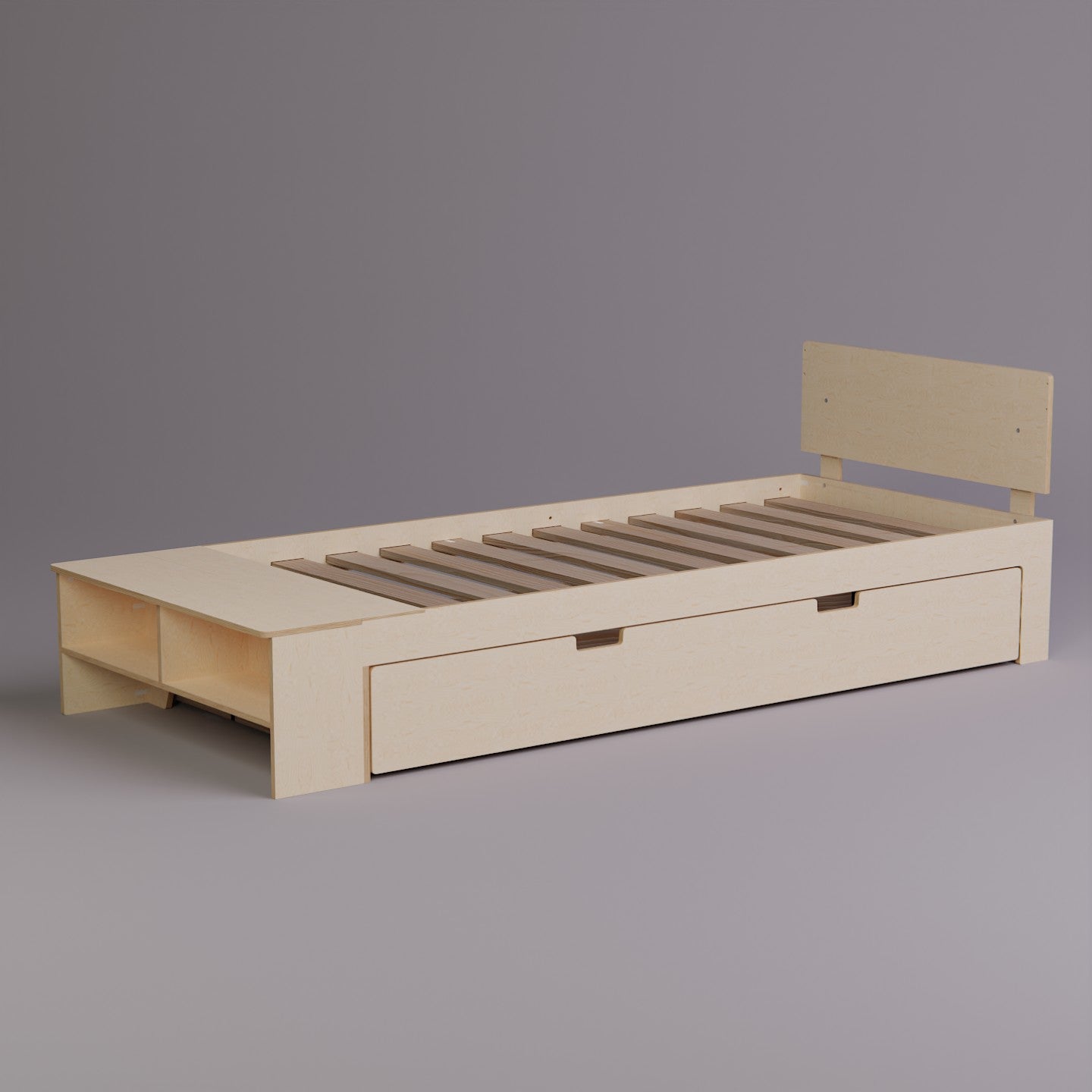 Versatile wooden bed frame with a pull-out trundle on casters, perfect for two sleepers