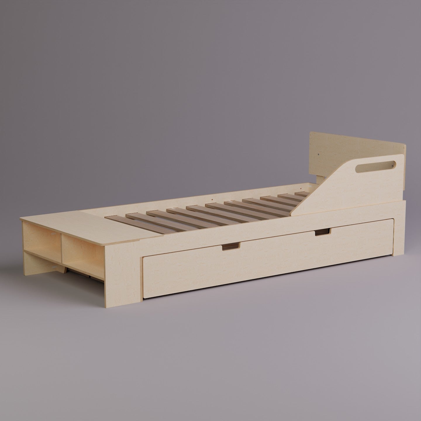 Customisable wooden bed with a pull-out trundle and pegboard storage compatibility