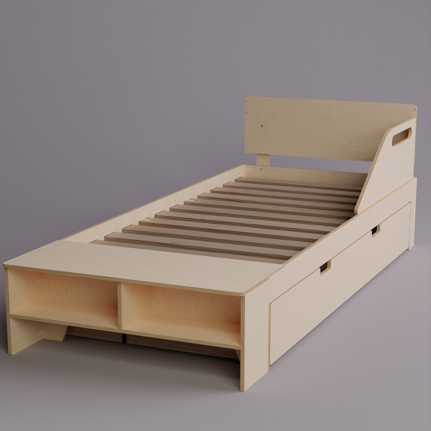 Practical and stylish bed frame with a trundle, designed for both kids and adults