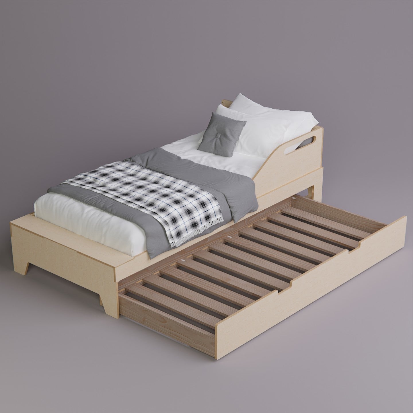 Stylish pressed birch bed frame with high guardrails and a trundle for added safety and comfort