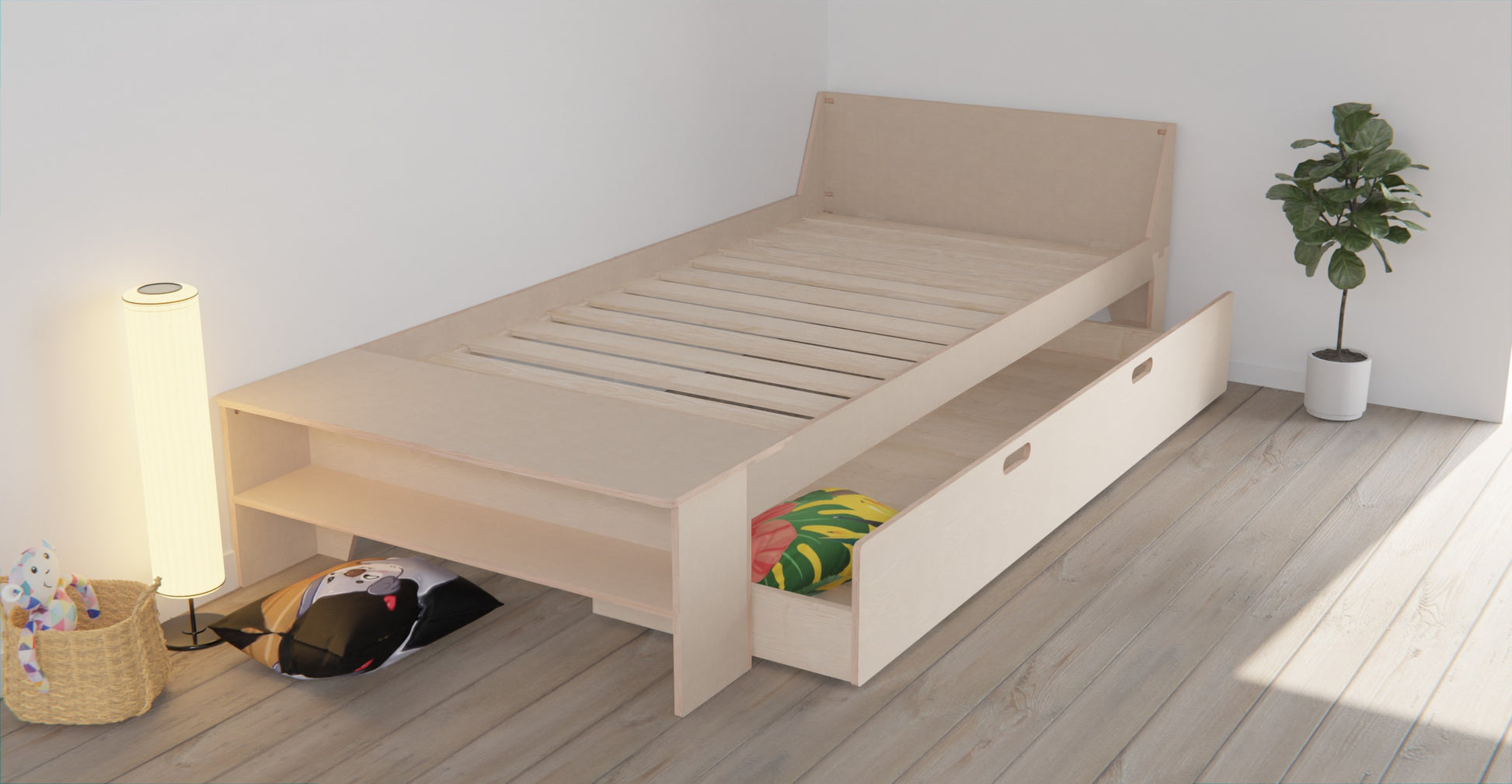 Maximise both safety and storage with our space-saving bed frame. Low profile, convenient storage drawer, and customisable guardrails.