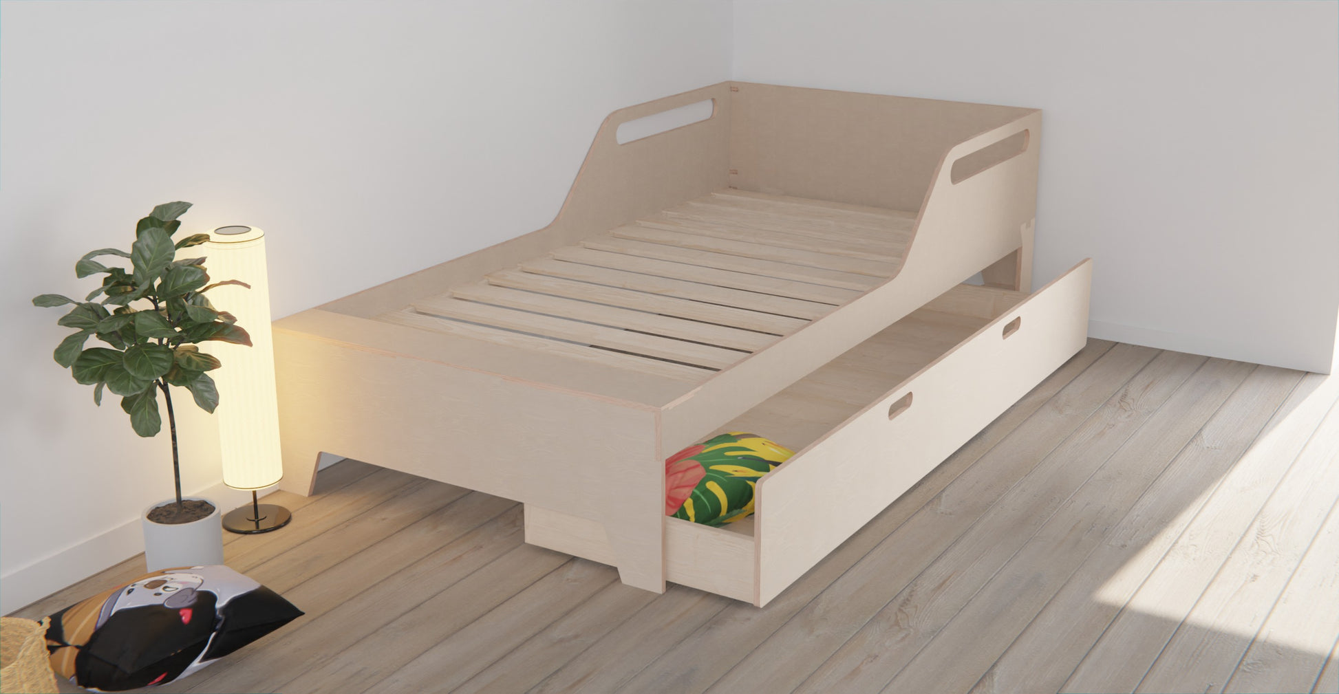 Create a safe and organised sleeping environment with our space-saving bed frame. Designed for kids, it features a storage and various guardrail options.