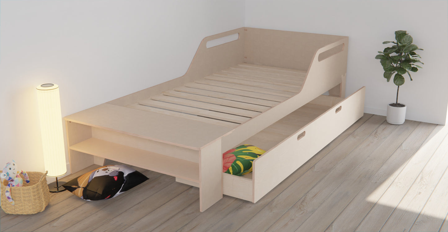  Stylish space-saving bed frame for kids & adults. Includes storage drawer & customisable guardrails. Upgrade your bedroom now!