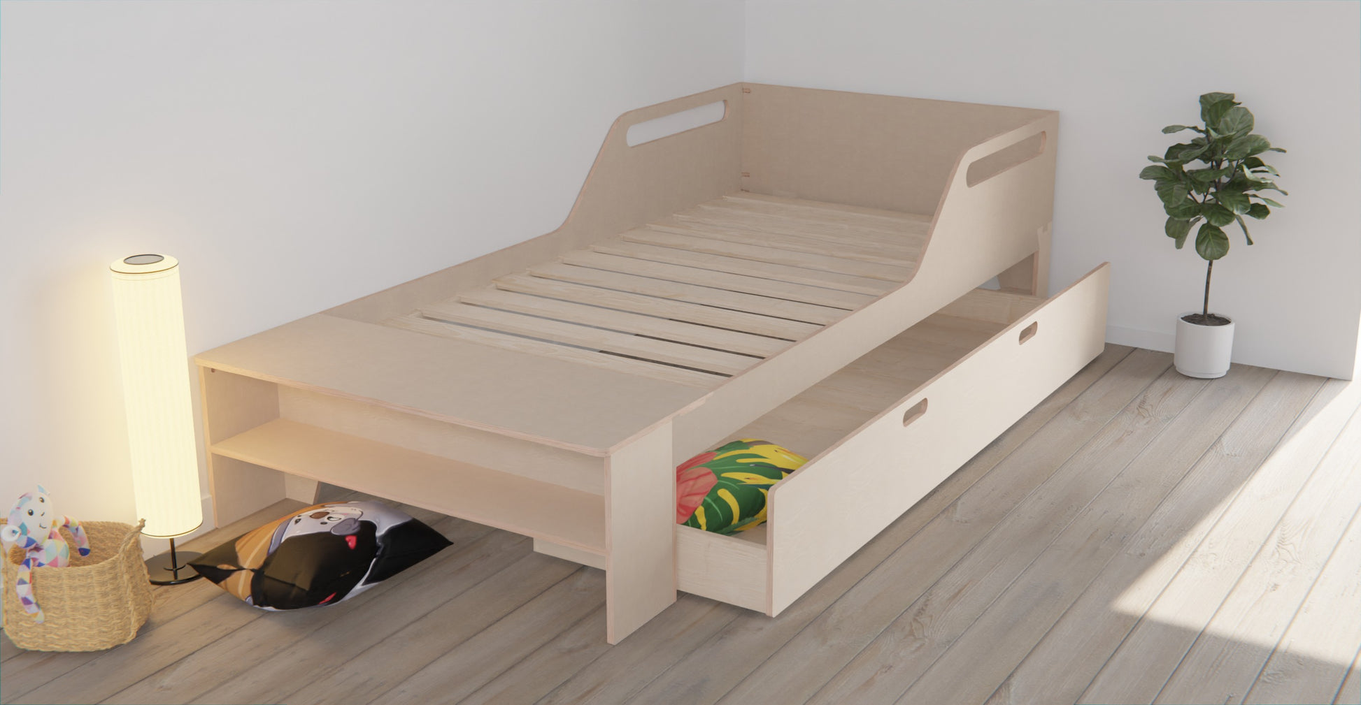 Stylish space-saving bed frame for kids & adults. Includes storage drawer & customisable guardrails. Upgrade your bedroom now!