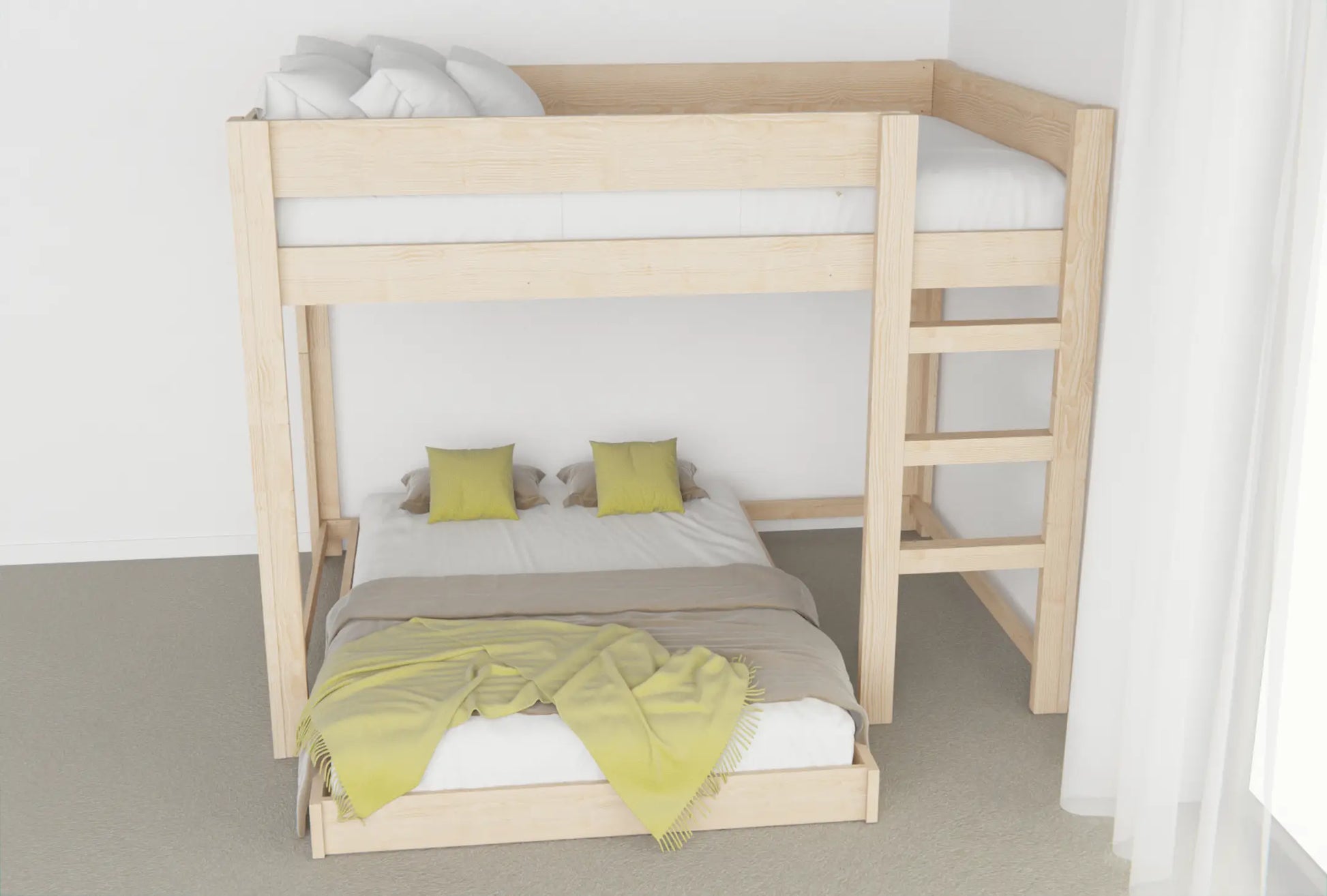 NZ Pine loft bunk bed — two-in-one design with movable floor bed for growing families