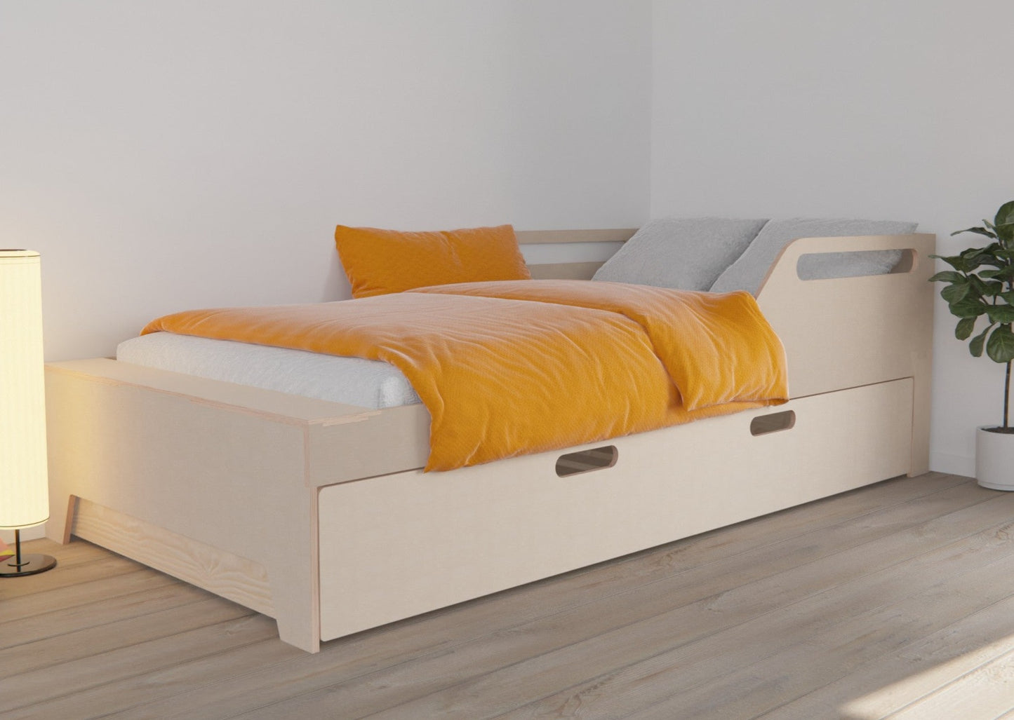 Elegant wooden bed frame with trundle bed, perfect for saving space and accommodating guests. Craftsmanship at its finest.