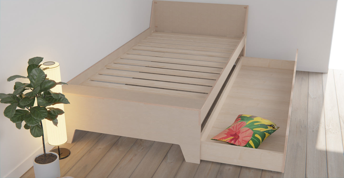 Discover the ideal solution for kids with our space-saving ply floor bed. Featuring a storage drawer and multiple guardrail options for a safe.