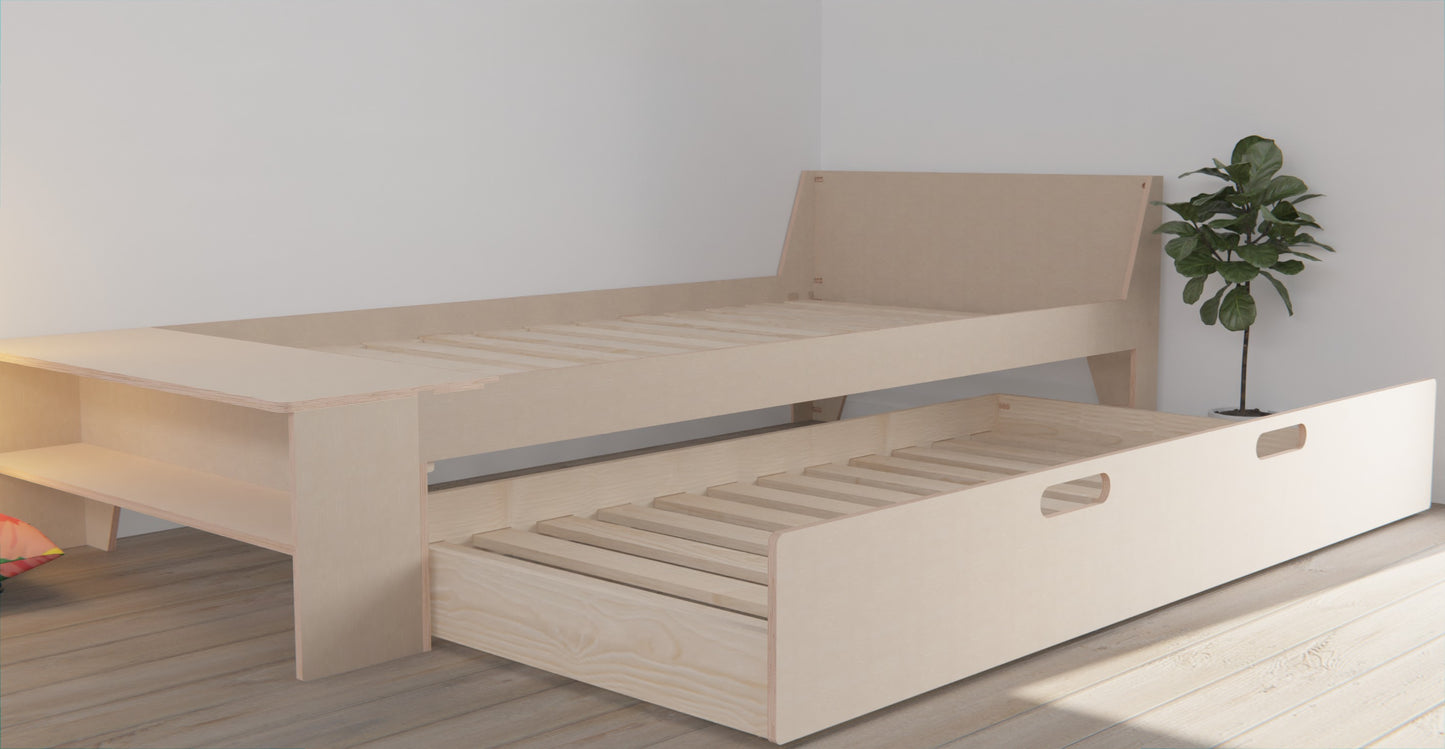 Maximize your bedroom space with a premium wooden bed frame featuring a versatile trundle bed and shelf.