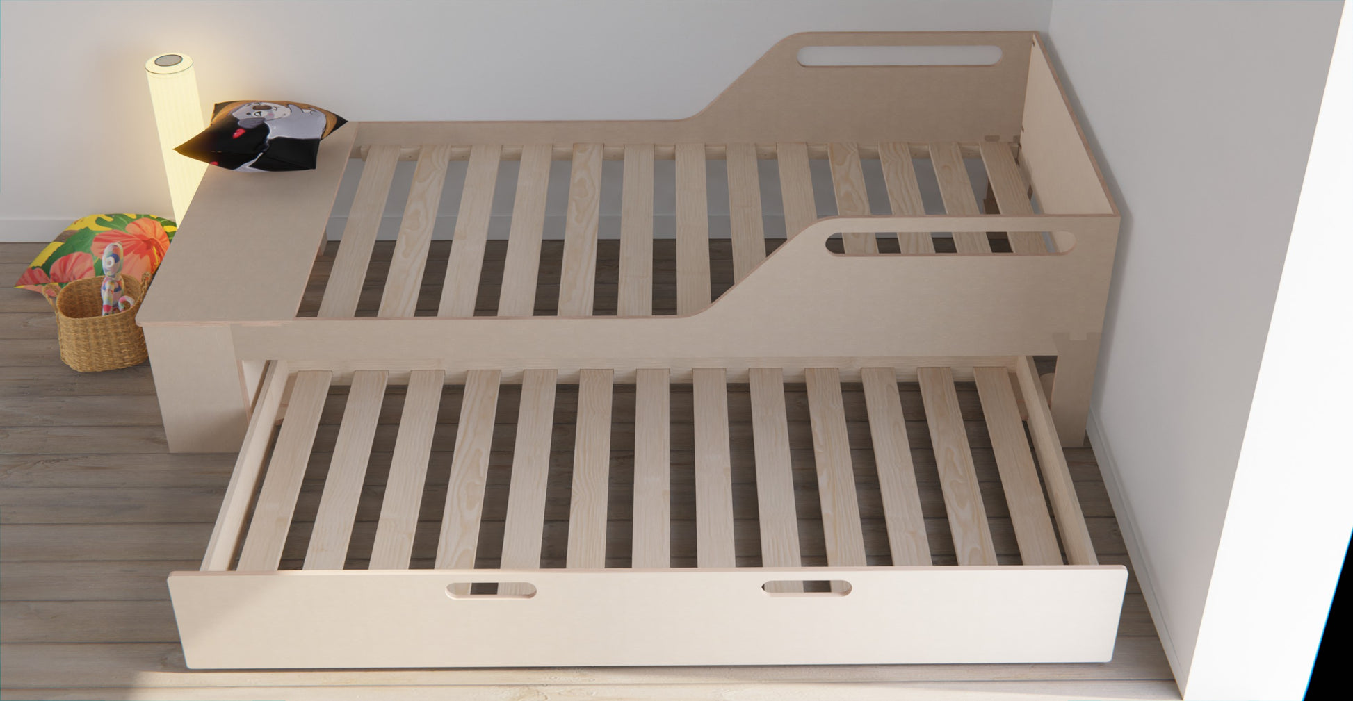 Elevate your home with a timeless wooden bed frame, complete with a trundle bed and handy storage shelf.