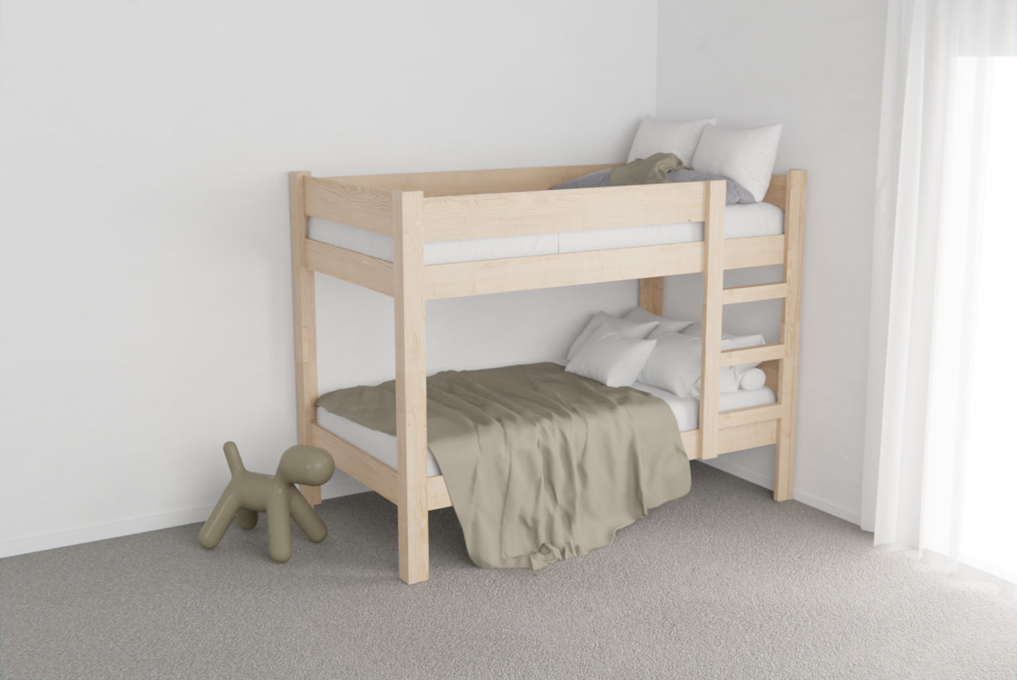Adjustable kids’ bunk bed in solid NZ pine with rounded edges and secure fixings