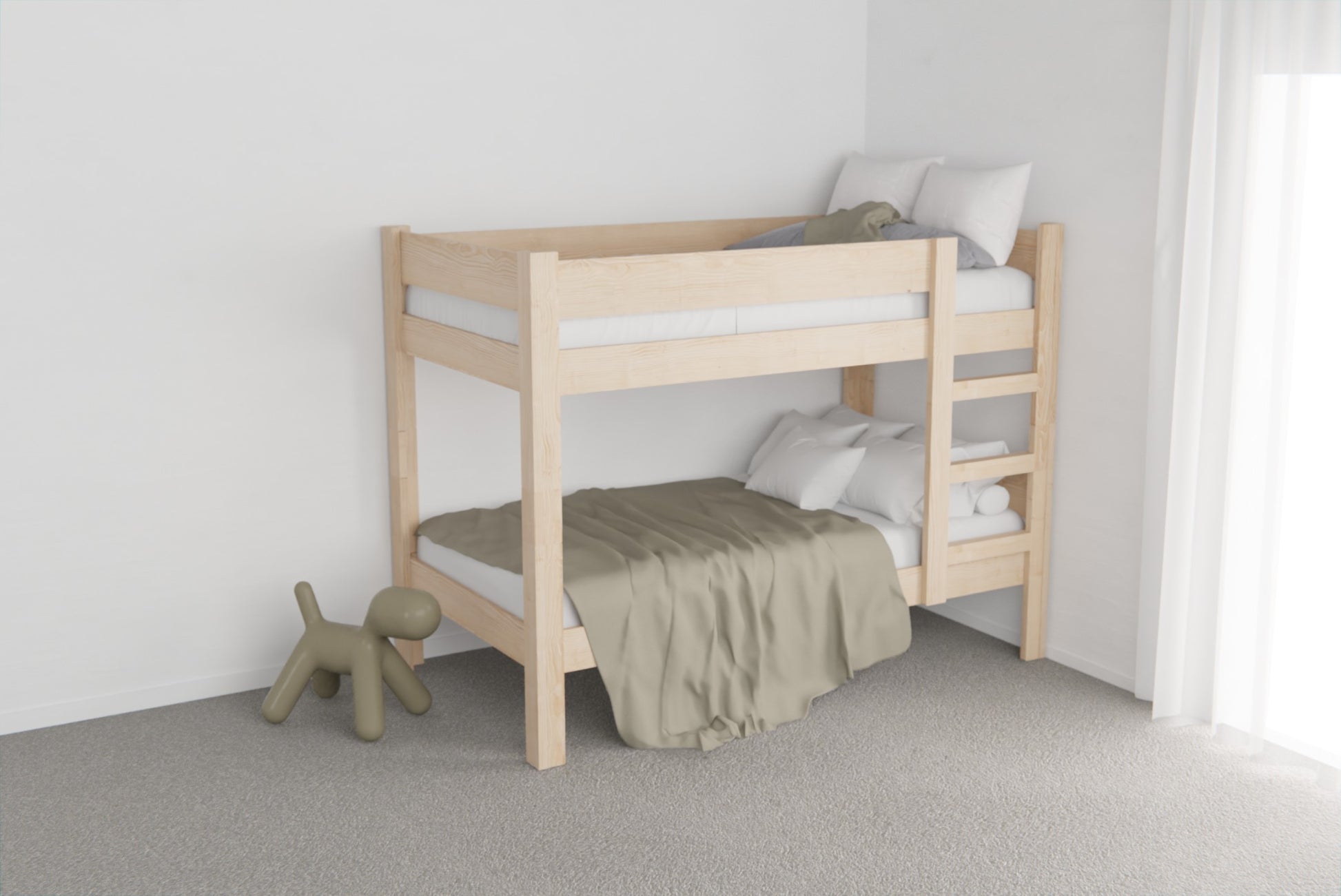 Adjustable kids’ bunk bed in solid NZ pine with rounded edges and secure fixings