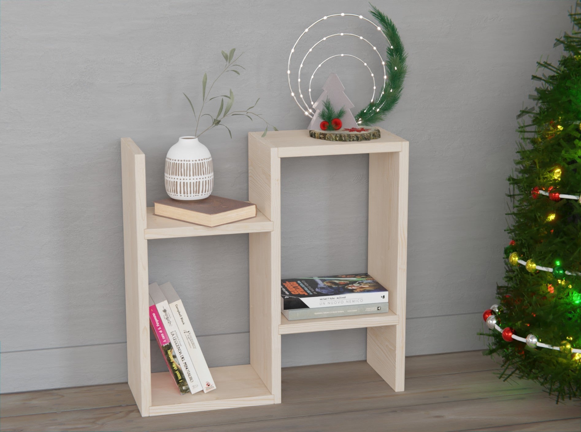 Elevate your child's room with our wooden flippable bookcase that doubles as a bedside table.