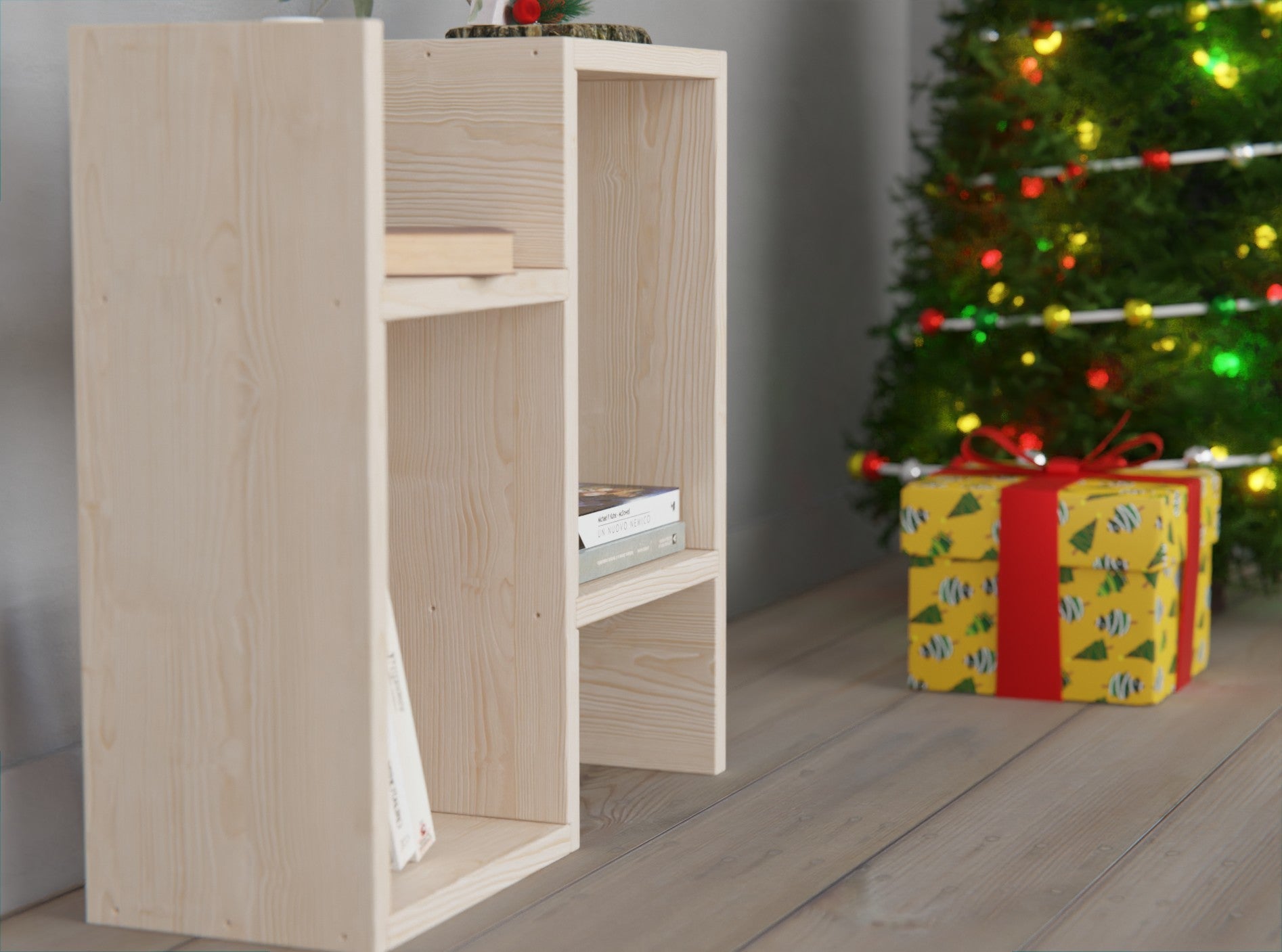 Our wooden flippable bookshelf: a stylish bedside table solution for your kid's bedroom.