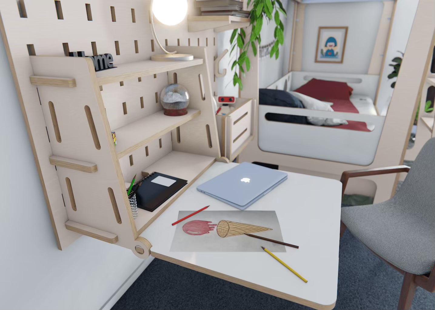 Birch ply fold-down desk mounted to pegboard wall, ideal for home office or kids’ study