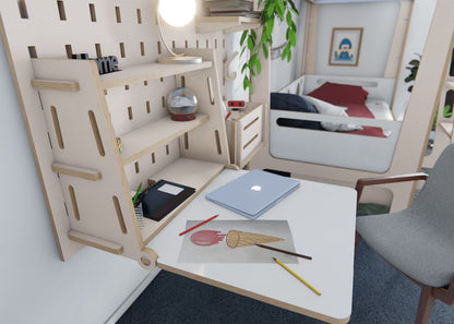 Birch ply fold-down desk mounted to pegboard wall, ideal for home office or kids’ study