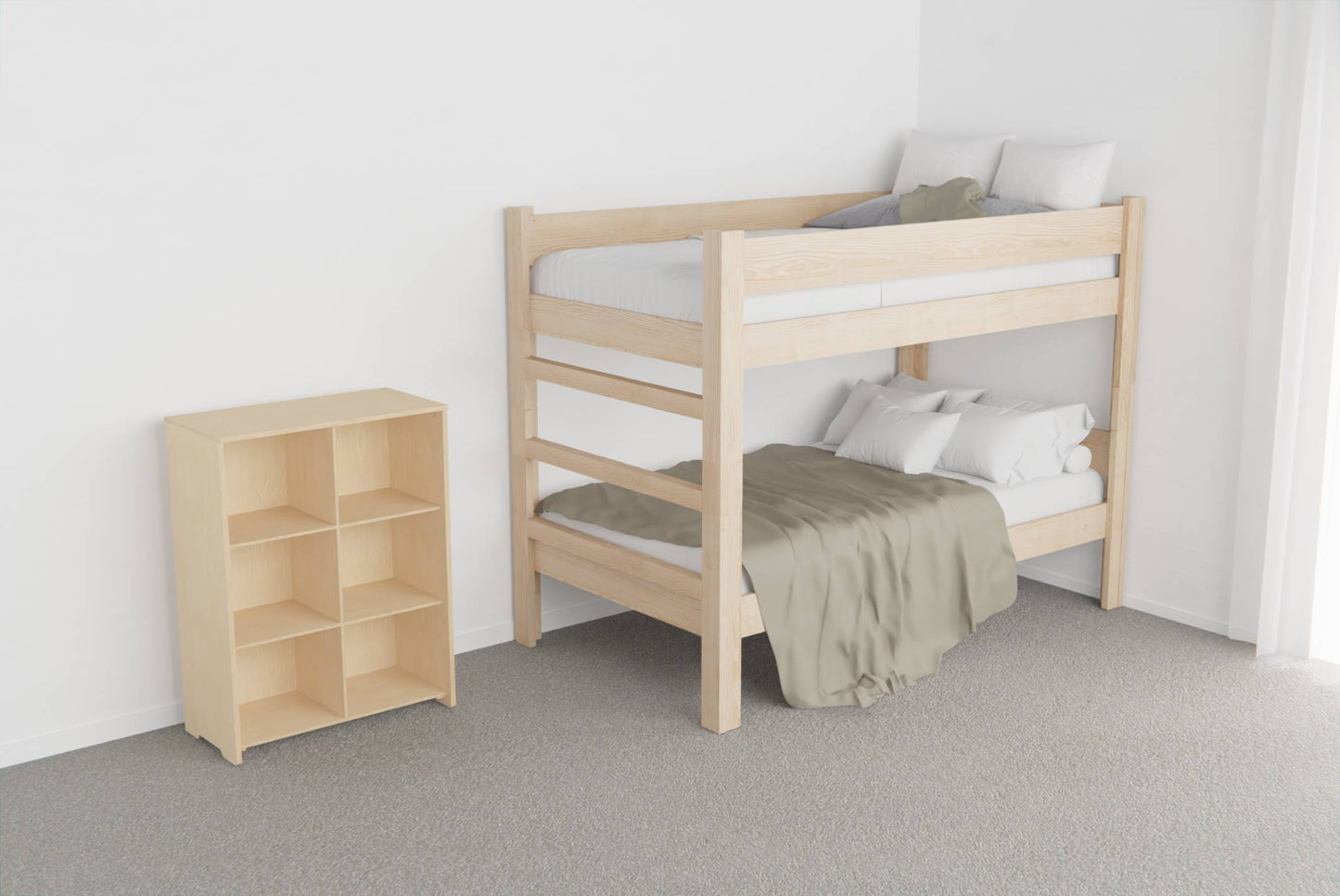 Low open shelf unit in birch plywood showing neatly organised toys, books and storage boxes in a kids’ room