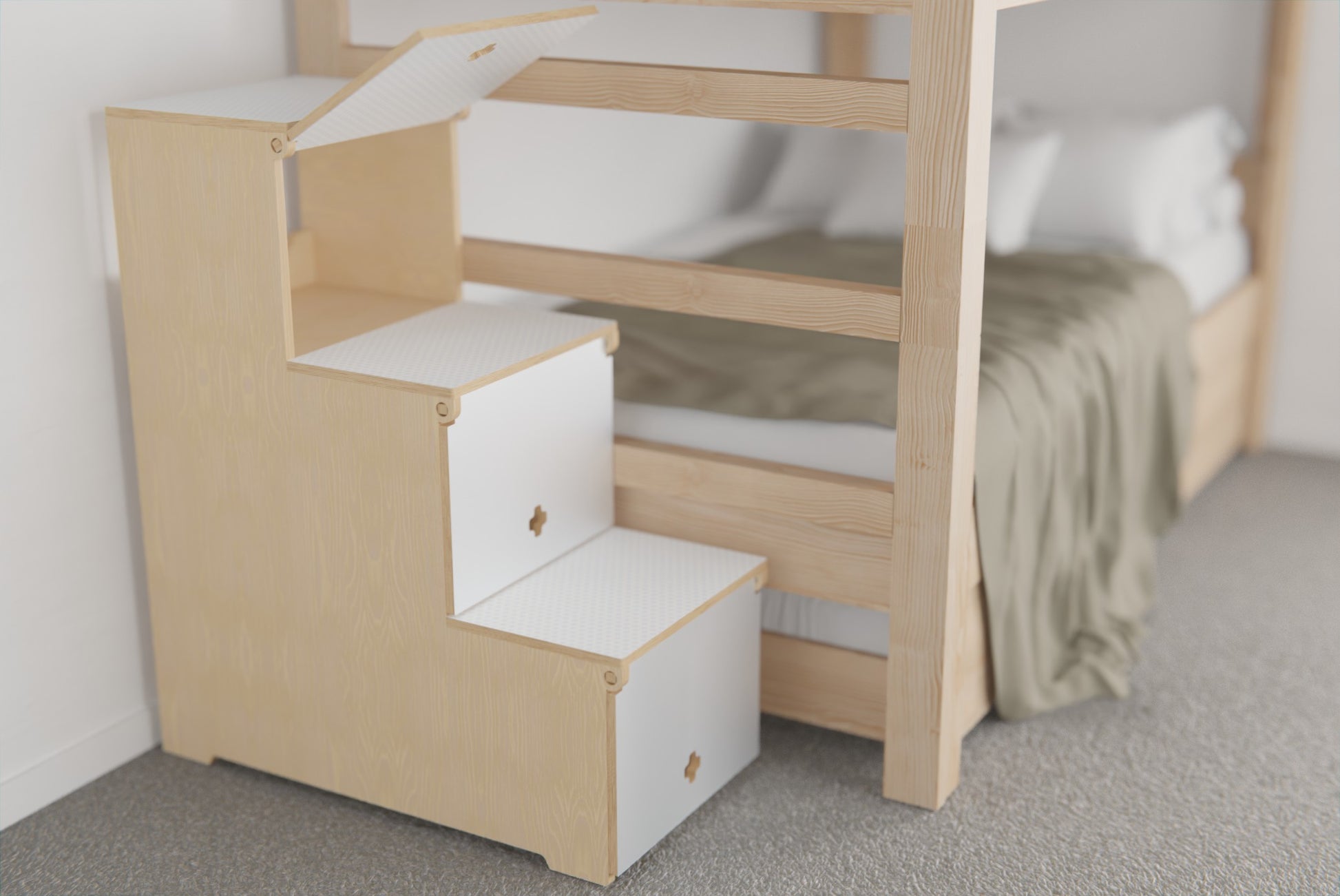 Birch plywood storage stairs with lift-up lids on each step, placed beside a kids’ bunk bed for safe climbing and hidden storage